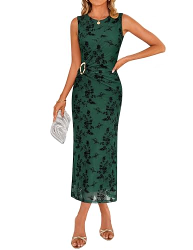ZESICA Women's Summer Sleeveless Floral Bodycon Midi Dress 2026 Ruched Mesh Wrap Wedding Guest Cocktail Party Long Dresses Green Small