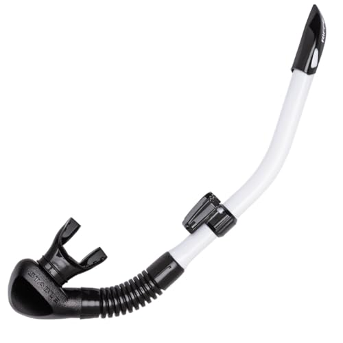 Snorkel seco estable para buceo y snorkel Riffe - perfil bajo y ligero con tubo flexible de vinilo, punta en forma de aleta de tiburón con válvula de purga