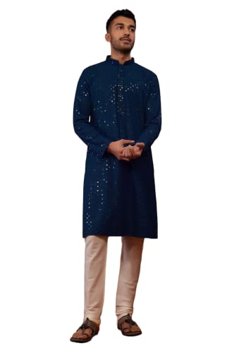 Image of Men's Rayon Blend Lucknowi Sequence Kurta Pyjama (Chickankari)