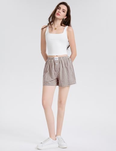 Image of LOMON Boxer Shorts for Women Summer Gingham Pajamas 2026 Lounge Sleep Pj Plaid Shorts Y2K Beach Bottoms with Pockets