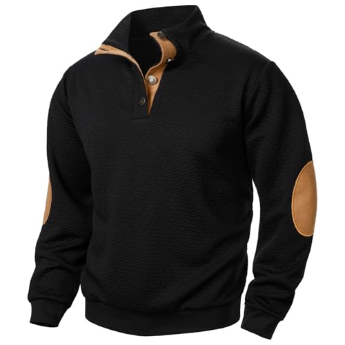 Sudadera de cuello de botón de 1/4 para hombre, chaqueta de cuello alto, suéter casual liso, suéter clásico de ajuste holgado, sudadera cómoda y suave con parches en los codos en otoño