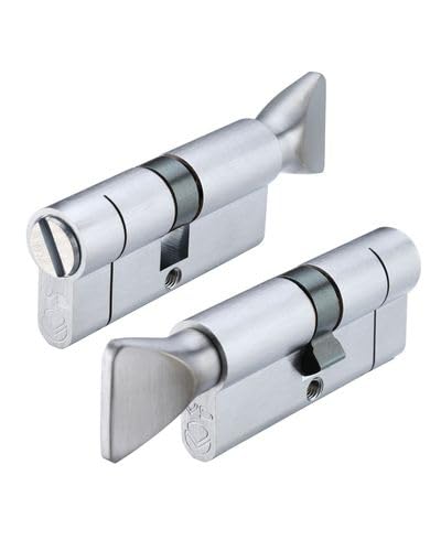 Kooples Hardware V5 Euro Profile Cylinder with Coin Release – 5-Pin Thumbturn Lock with Emergency Slot – Internal Privacy Lock for Bathroom (Euro - Keyed to Differ (E), Satin Chrome, 70mm)