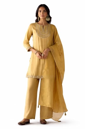 Image of FIORRA Women Mustard Yellow Tissue Blend Hand Embroidered Kurta Set with Dupatta