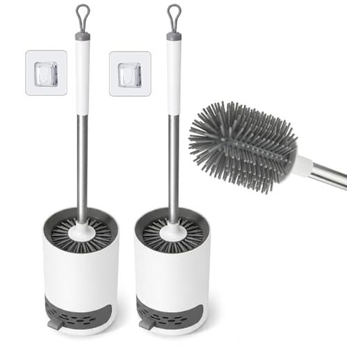Image of Clyton Pack 2 Silicone Toilet Brush with Holder Stand, Toilet Cleaning Brush with Self Adhesive Wall Mounted Ventilated Drying Stand, Commode Brush, Bathroom Cleaning Brush, Toilet Bowl Cleaner Brush