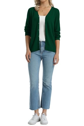 Image of QUALFORT Women's 100% Cotton Lightweight Cardigans Long Sleeve Knitted Button Down Sweater