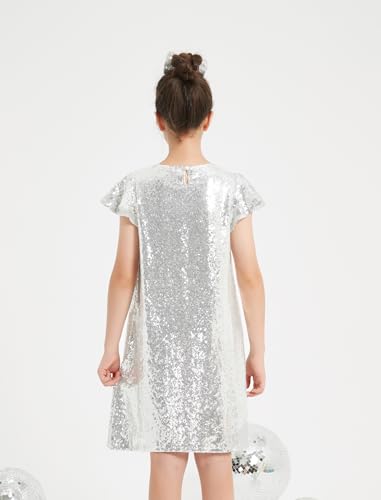 EXARUS Girls Sparkly Dresses Ruffle Sleeve Glitter Sequin Crew Neck A-Line/Bodycon/Tunic Dress for Girl 6-14Y4