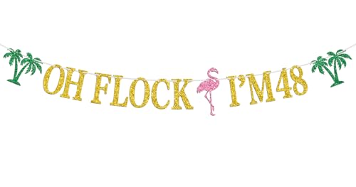Image of Oh Flock I'm 48 Banner, Glitter Happy 48th Birthday Anniversary Party Decorations, Pineapple Party Decor, Hawaiian Luau Tropical Aloha 48 Theme Celebration Photo Props