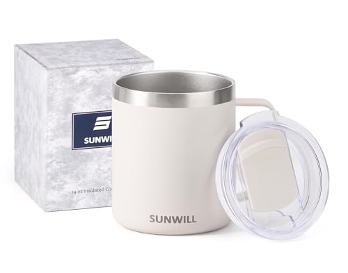 Image of SUNWILL Travel Coffee Mug with Lid, Insulated Tumbler with Handle, 14 oz Stainless Steel Cup for Home, Office, Camping, Powder Coated Cream