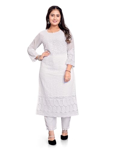 Image of IMPEX Hand Embroidered Chikankari Georgette Kurta for Women | Kurti | 3 /4th Sleeves | Round Neck | Ethnic Kurta | Ideal for Casual Wear, Festive, Wedding & Parties
