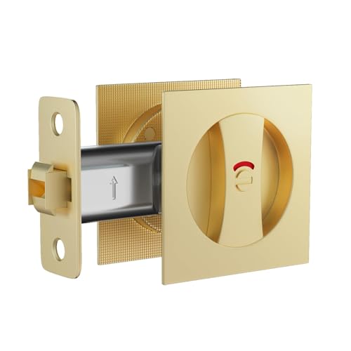 Image of Goldenwarm Brushed Gold Pocket Door Locks for Bathroom with Indicators, Square Pocket Door Hardware for Pocket Door, Gold Sliding Pocket Door Handles 2-3 /8 inch Latch 1 Pack