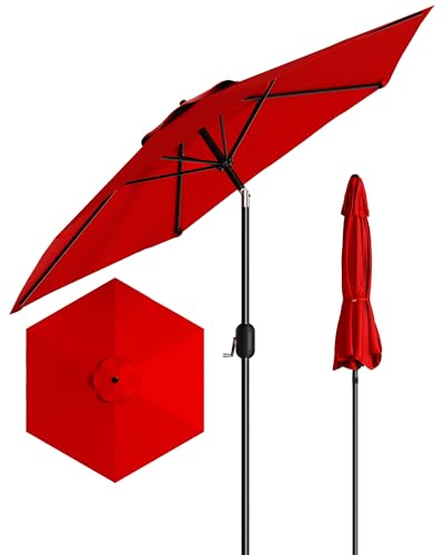 7.5FT Outdoor Patio Umbrella, Table Market Umbrella With Push Button Tilt and Crank, 6 Sturdy Ribs UV Protection Waterproof for Garden, Deck, Backyard, Pool (Red)