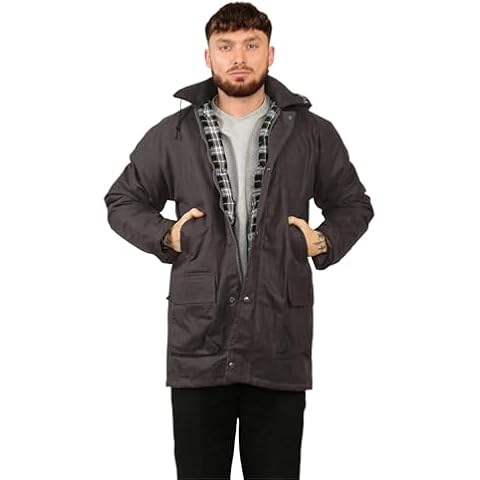 Janisramone® Men s Padded Wax Jacket Hooded Cotton Quilted Jacket, Mens Rain Jacket Waterproof Long Waxed Coat Mens Cover