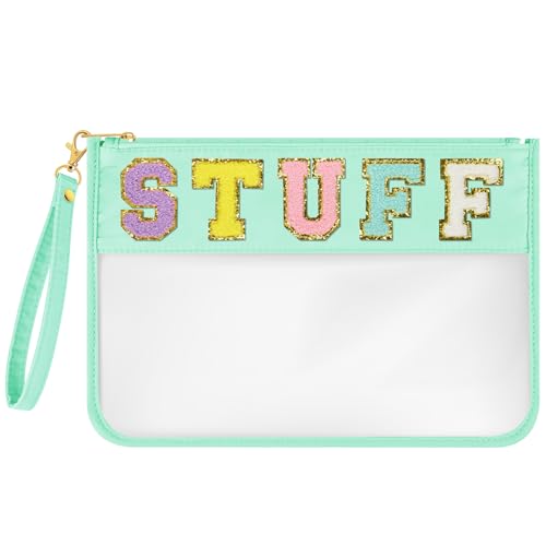 BOUBONI Chenille Letter Bag Flat Pouch Nylon and PVC Clear Cosmetic Bags Travel Makeup Bag Zipper Pouches Toiletry Bag With Wristlet for Women Girls (Green-Stuff)