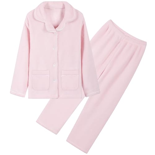 Umeyda Girls Fleece Pajamas Long Sleeve Flannel Button Down Sleepwear Kids Soft Fuzzy 2 Pieces Pjs Loungewear Sets