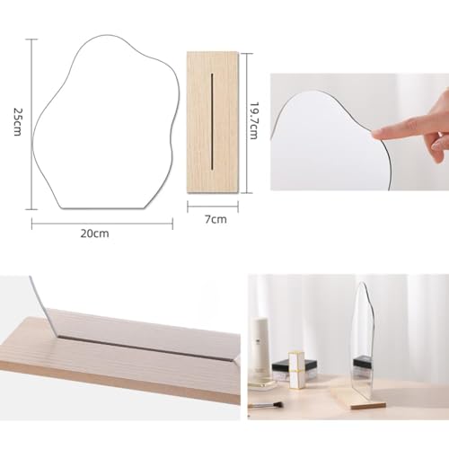Frameless Acrylic Makeup Mirror - Irregular Shape with Wooden Base for Bedroom, Living Room and Minimal Spaces (A)