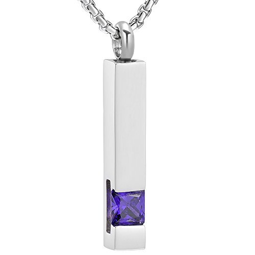 Inlay Multi-Colored Square Crystal Bar Cremation Urn Necklace Holder for Ashes - Engravable (Dark Purple Stone)