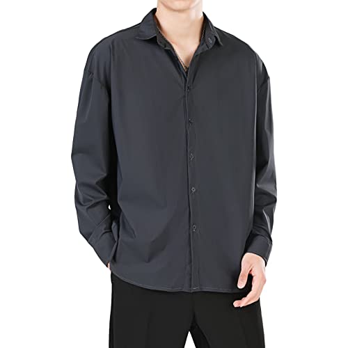 DGHM-JLMY Men's Casual Solid Color Loose Shirt Business Non Iron Long Sleeve Dress Shirt Slim Fit Formal Button Up Shirts