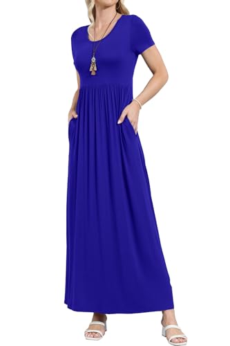 Image of EUOVMY Women's Short Sleeve Loose Plain Maxi Dresses Casual Vacation Long Dresses with Pockets
