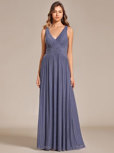 Image of Ever-Pretty Women's Glitter Sleeveless V Neck Pleated Waist A-Line Evening Gowns Dusty Navy US8