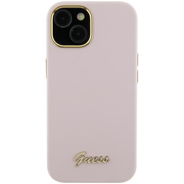 CG MOBILE Guess GUHCP15LSMBSLP Coque pour iPhone 15 Pro 6,1" Rose Coque Rigide en Silicone avec Logo et Cadre en métal