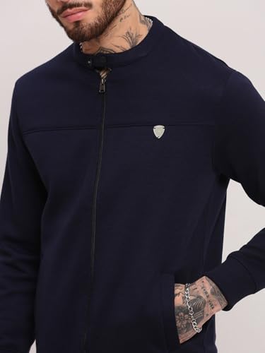 Image of SHOWOFFFF Men Solid Front-Open Sweatshirt | Mandarin Collar Full Sleeves Cotton Sweatshirt's for Mens | Slim Fit Regular Length Sweatshirts for Men's