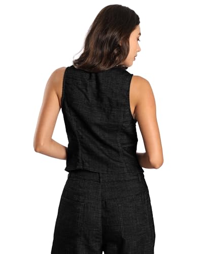 Women's Linen Blend Denim Vest Sleeveless V Neck Button Down Jean Waistcoat Jacket4