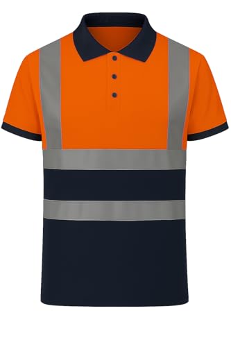 NIYS High Visibility Polo Shirt Yellow Orange Navy Safety Security Work Breathable Lightweight Workwear Top Reflective Tape Small to 3XL (UK, Alpha, M, Regular, Regular, Orange Navy)