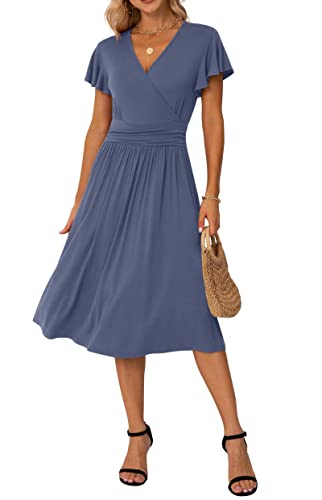 Image of GRECERELLE Spring Summer Dress for Women Casual Ruffle Short Sleeve Wrap V-Neck Dress