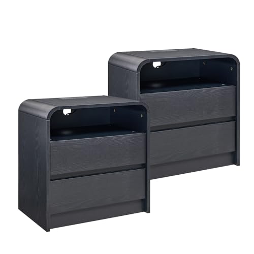 Image of Aitjunz 25 inch Tall Modern Nightstand Set of 2, 23.6'' Wide Wood Bedside Table w /2 Storage Drawers, Charging Station, Mid Century End Table for Bedroom, Living Room,Curved Profile Design, Black