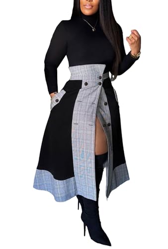 cu4eve Skirt Sets Women 2 Piece Outfits Casual Turtleneck Long Sleeve Shirts and High Waisted Midi Skirts Plus Size Dress