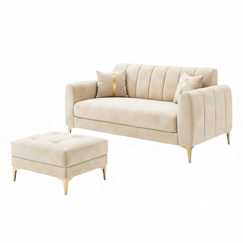 Image of Hermione Luxe Velvet-Suede Fabric 2 Seater Sofa Set with Ottoman | Golden Legs | Comfortable Seating | Modern Sofa for Living Room - Cream