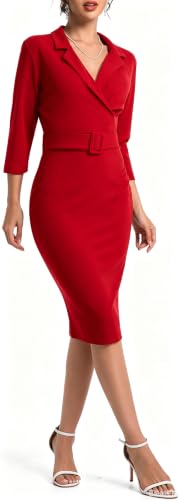 Image of SxClub Dresses for Women 3 /4 Sleeve Business Knee Length Pencil Dress | Women's Elegant Dress Wear to Work Sexy V Neck Cocktail Evening Fall Outfits with Belt