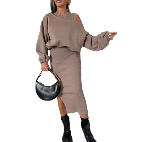 Damen-Set Mit Sweatshirt Mit Schrägen Schultern Und ärmellosem Kleid, Schulterfreiem Tanktop-Kleid Für Damen,asymmetrischen Oberteilen Mit Schlitz...