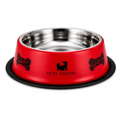 Image of Pets Empire Stainless Steel Dog Feeding Bowl, Grey Colour, Medium (Red)