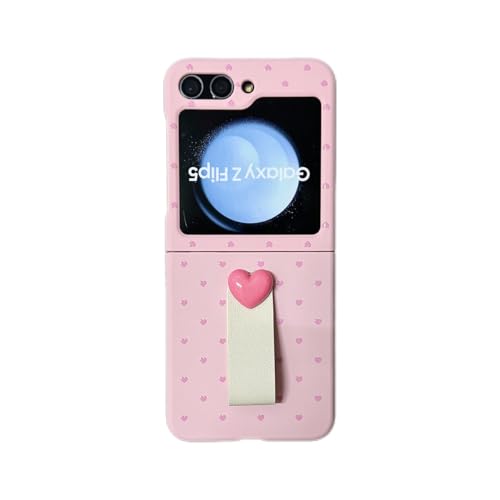 GO-VOLMON Cute Case for Galaxy Z Flip 5 Small Love Heart Print, Trendy Lovely Girls Protective Cover Kawaii PU Holder, Woman Hard PC Aesthetic Case for Z Flip 5 -Pink