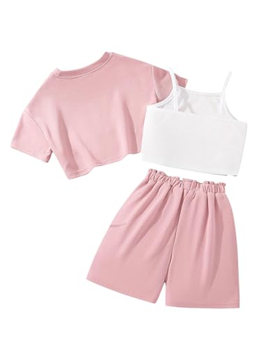 Image of Girl's Summer 3 Piece Outfits Graphic Short Sleeve Crop Top Cami and Shorts Clothes Set