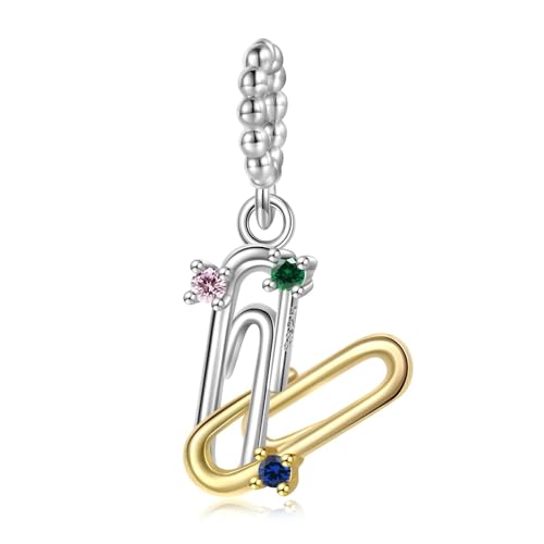 ZUOHUI S925 Büroklammer-Charm mit 14 Karat Gold und Zirkonia | Kompatibel mit Pandora-Armbändern | Modernes DIY-Schmuckgeschenk for Frauen, Schwestern (21,6 mm)
