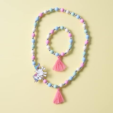Meet-shop Holz Kinder Schmuck Set,Einhorn Freundschaftsarmband Einhorn Perlen Halskette und Armband Geschenk für Mädchen Geburtstag Party Dress Up Kostüm Zubehör Cover