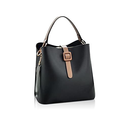 Piccola Borsa a Tracolla Borse a Mano da Casual a Secchiello in PU Morbida a Spalla con Due Spallacci donna elegante nero pelle