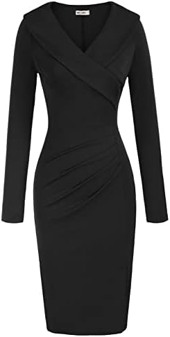GRACE KARIN Women’s Long Sleeve Work Dresses Office Business Wrap V Neck Pencil Bodycon Dress Cocktail Party