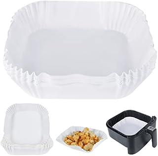 BYKITCHEN Air Fryer Disposable Liners, 50PCS Square Air Fryer Paper Liners, 6.5 inch Inner & 8.3 inch Diameter, Greaseproof Paper for Air Fryer, Compatible with COSORI, Ninja, Tower and More (White)