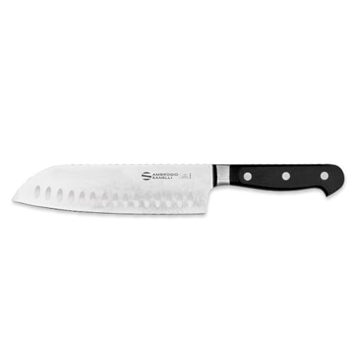 Ambrogio Sanelli, Maitre Coltello Da Cucina Santoku, Coltello Chef Con Lama Alveolata In Acciaio Inox All'Azoto 18 Cm E Manico Ergonomico, Coltelli Da