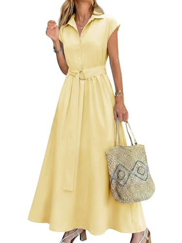 Wenrine Womens Summer Shirt Dress Button Collared Casual Short Sleeve Tie Waist A Line Flowy Long Maxi Dresses Light Yellow