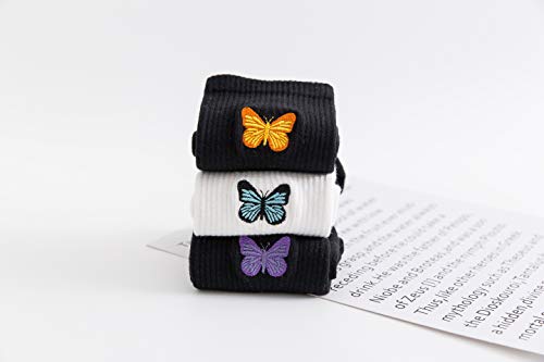 Image of Womens Calf Socks Embroidery Crew Socks Casual Dress Socks Cute Butterfly Socks For Girls 3 Pairs