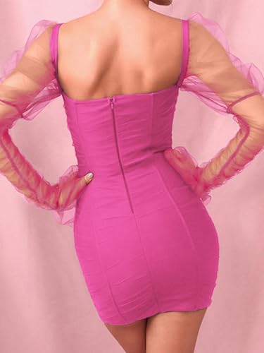 Image of Uni Clau Women Sexy Mesh Sheer Puff Long Sleeve Mini Dress Bodycon Deep V Neck Patchwork Party Clubwear Dress
