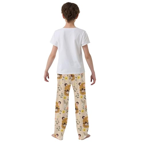 Cute Bear Flower Long Pajama Pants Elastic Waist PJ Bottoms with Pockets S A1121804