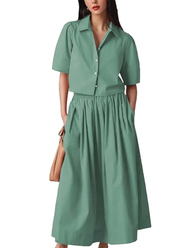 Image of Womens Summer 2 Piece Outfits Skirt Sets Button Short Sleeve Tops Elastic Waist Maxi Dress Sets with Pockets