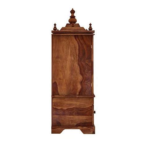 Image of G Fine Furniture 2.9 Ft Sheesham Wood Temple for Home | Wooden Pooja Mandir with 1 Drawer Storage 2 Glass Door Cabinet & Dhoop Batti Slider Stand | Traditional Pooja Ghar Mandap (Natural Finish)