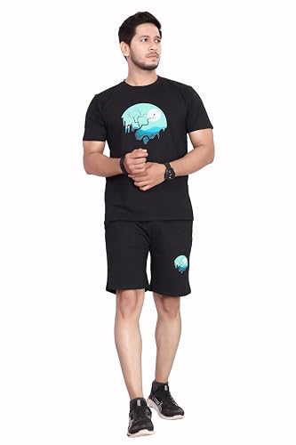 Image of HOODMASTER Men's Cotton Night Suit Set of Top & Knee Length Shorts with Round Neck Half Sleeves Solid Pattern Regular Fit and Standard Length | Mens Cotton Night Suit | T-Shirt and Shorts Sets