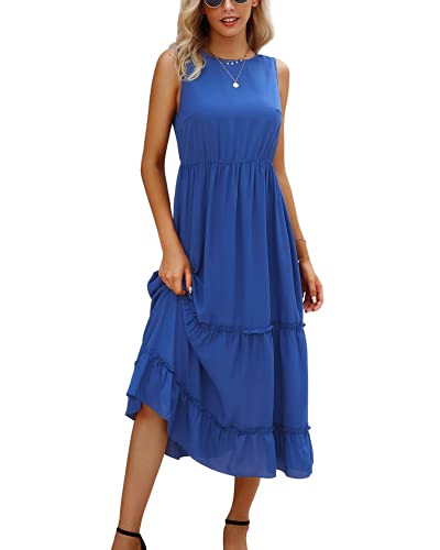 Dokuritu Womens Basic Solid Color Swing Dress Tank Top Tired Ruffle Midi Dress Blue
